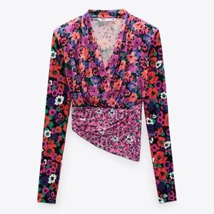 Zara patchwork vibrant colourful floral long sleeve asymmetric blouse NWT